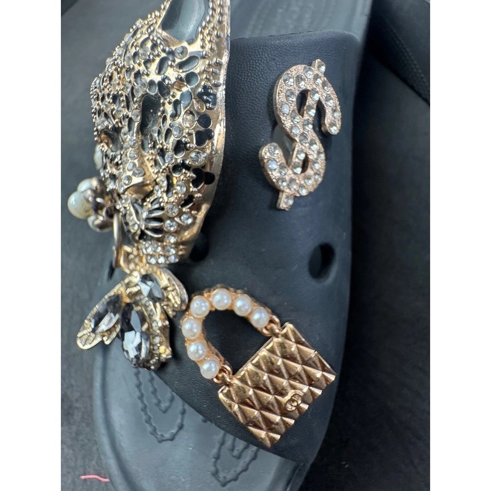 Crocs Classic Slides Black Custom Jeweled Charms Leopard Bee Pearls Sandals 8 - Picture 4 of 12
